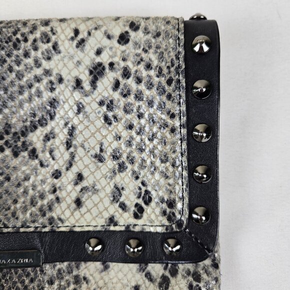 BCBGMaxAzria Leather Snakeskin Print Clutch Silver Stud Embellishment Black Trim - Picture 2 of 16